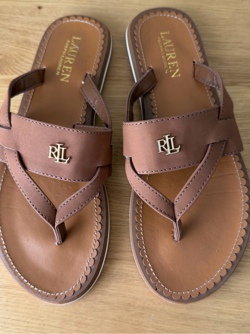 Lauren Ralph Lauren Brown Leather Logo Thong Sandals